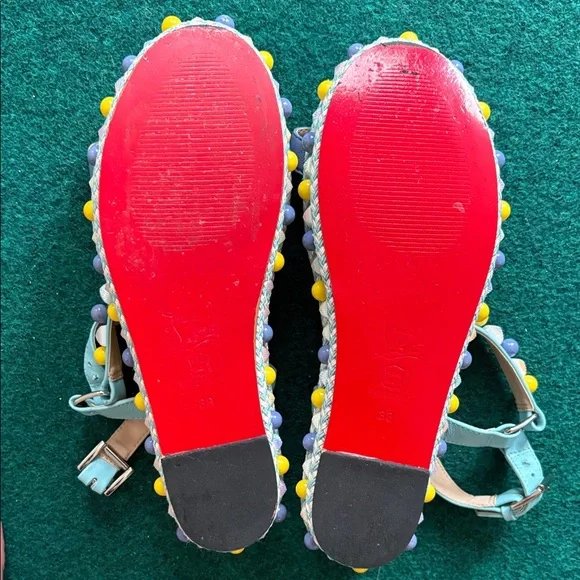 EUC- adorable Christian Louboutin Yellow/Blue Sandals, 38 Sandals
